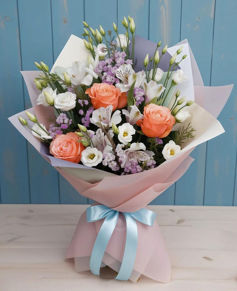 Букет цветов из: Лизиантусы, Розы, Альстромерии и Гипсофила в Игумново