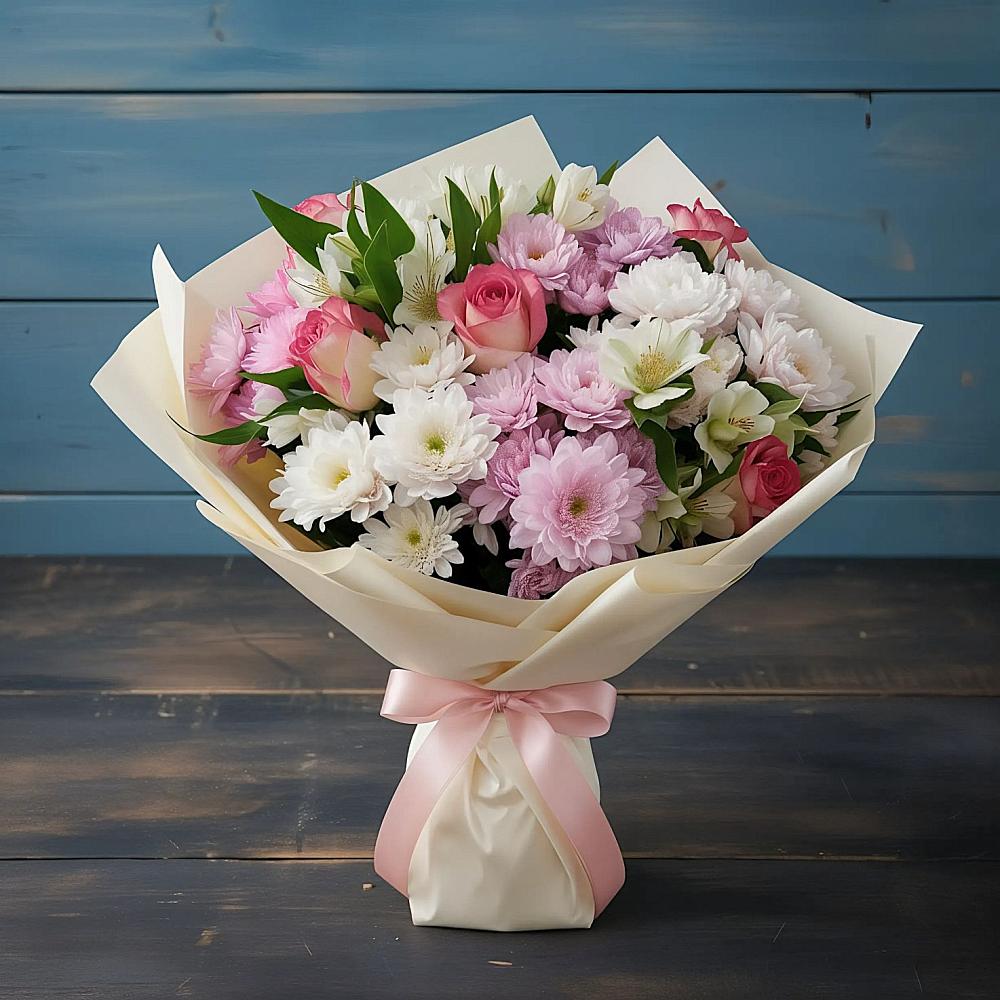 Букет цветов из: Хризантемы, Альстромерии и Розы в Игумново